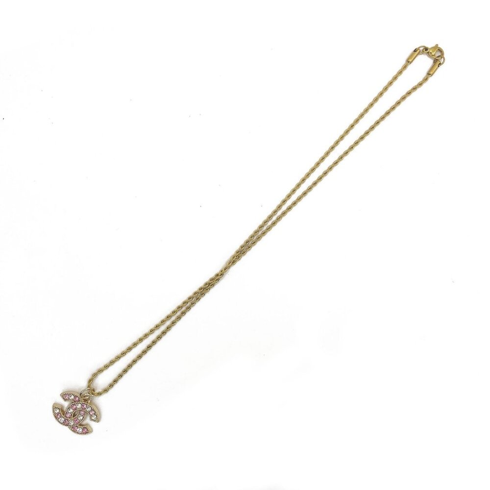 CHANEL CC Pink Rhinestone Charm Pendant on Necklace Gold Plated Chain - Picture 7 of 10